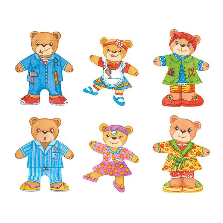 Goki wooden dressing puzzle bears in Houten Box, 36st.