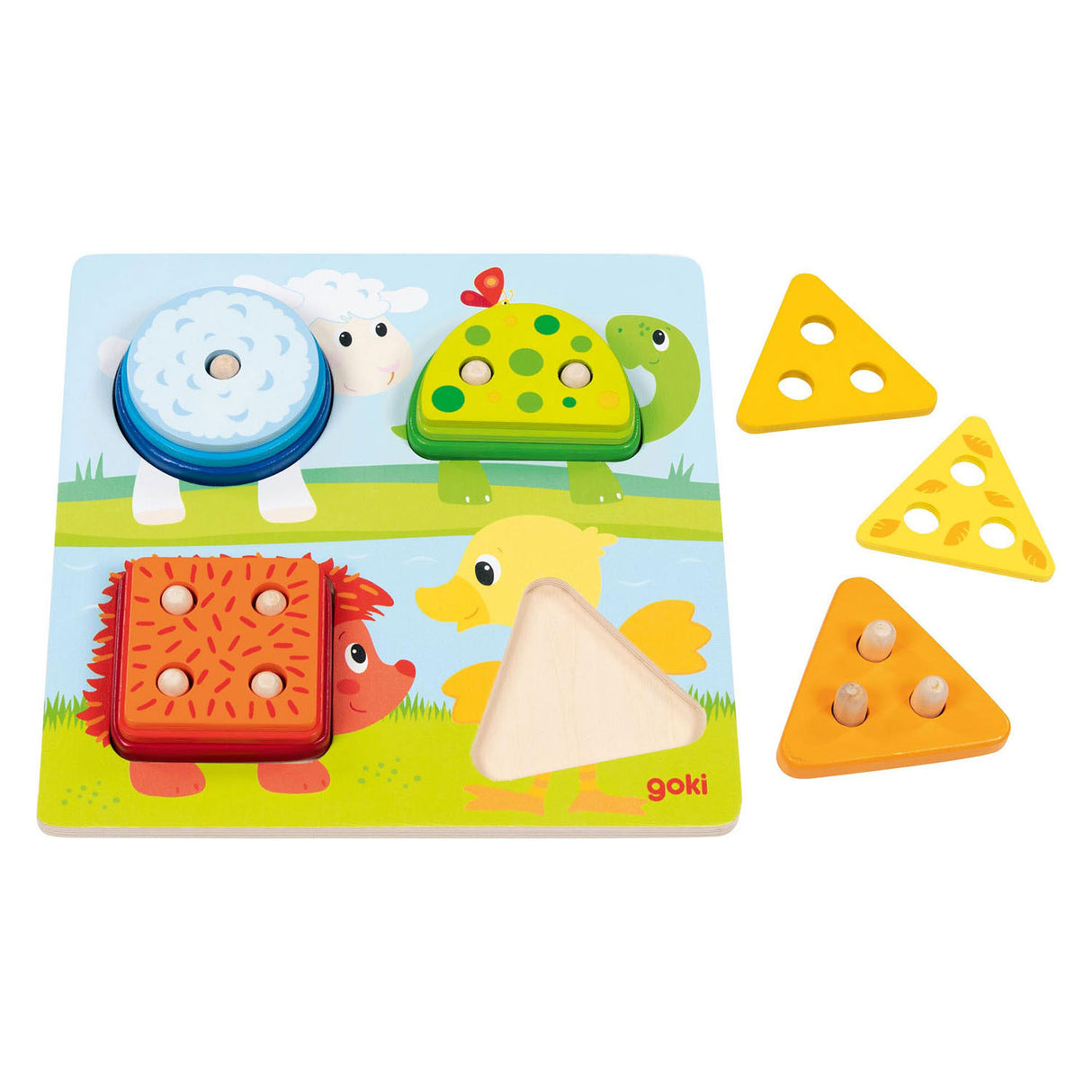 Goki wooden colors and shape sorting board animals, 12st.