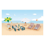 Goki Puppenhausmöbel: Outdoor-Möbelset Mallorca, 17-teilig, Liege 13x6x2,2cm, Holz und Textil, 3+