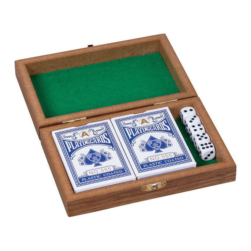 Goki Holzspielkartenbox mit 5 Würfel und 2 Kartensätzen