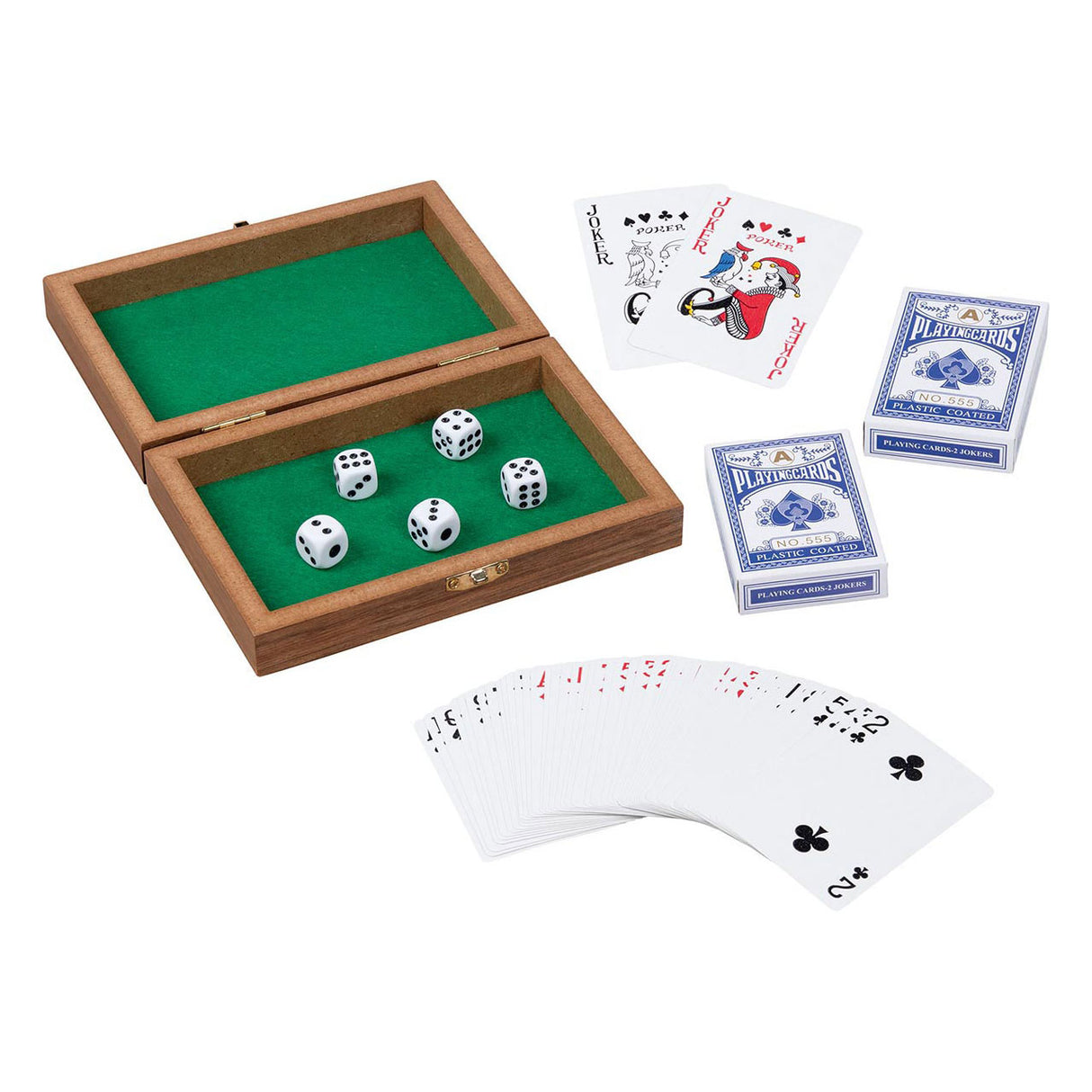 Goki Holzspielkartenbox mit 5 Würfel und 2 Kartensätzen