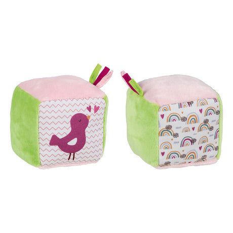 Goki Soft Cube Puppelchen Spillsaachen mat crinkle Folie a Bell Vugel.