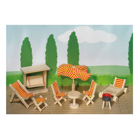 Meubles de maison de poupée Goki série 2 : meubles de jardin 9 pièces, pour poupée