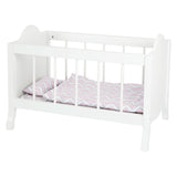 Cama de muñeca de madera de pie pequeño blanco con rayas de ropa de cama, 4dlg.