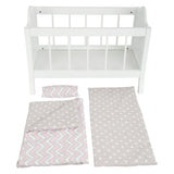 Cama de muñeca de madera de pie pequeño blanco con rayas de ropa de cama, 4dlg.