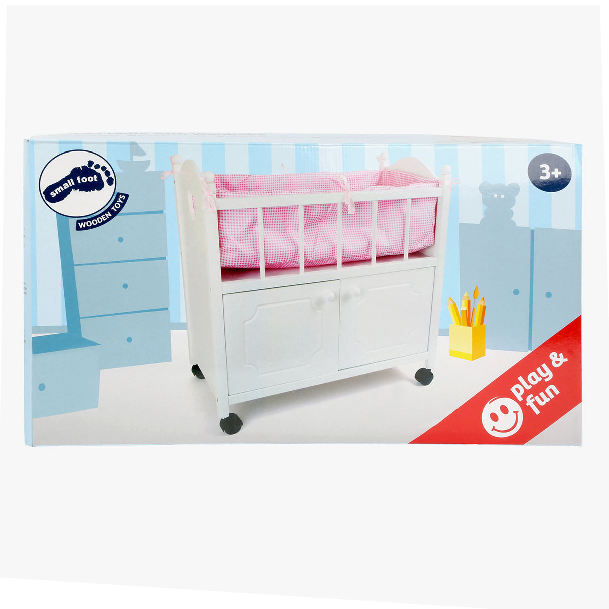 Small foot wooden doll bed with chest of drawers