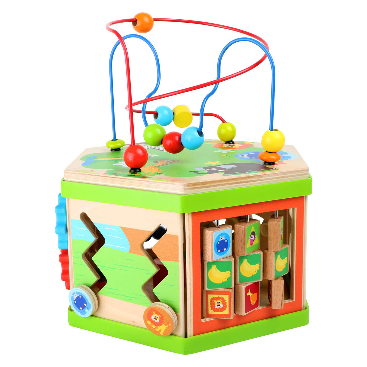 Small foot - wooden activity cube with motor skills spiral safari