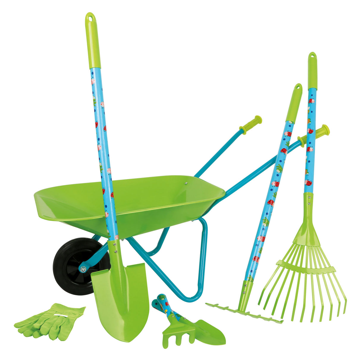 Outils de jardin de petits pieds avec brouette verte, 8dlg.