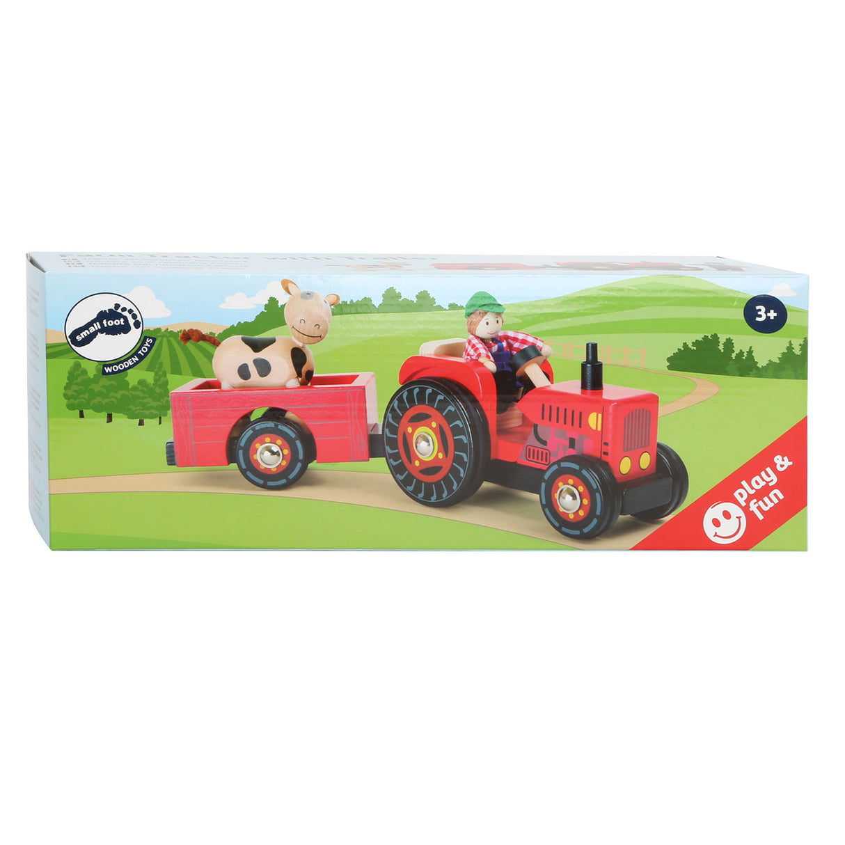 Tractor de madera de pie pequeño con remolque rojo y figuras de juego, 4dlg.