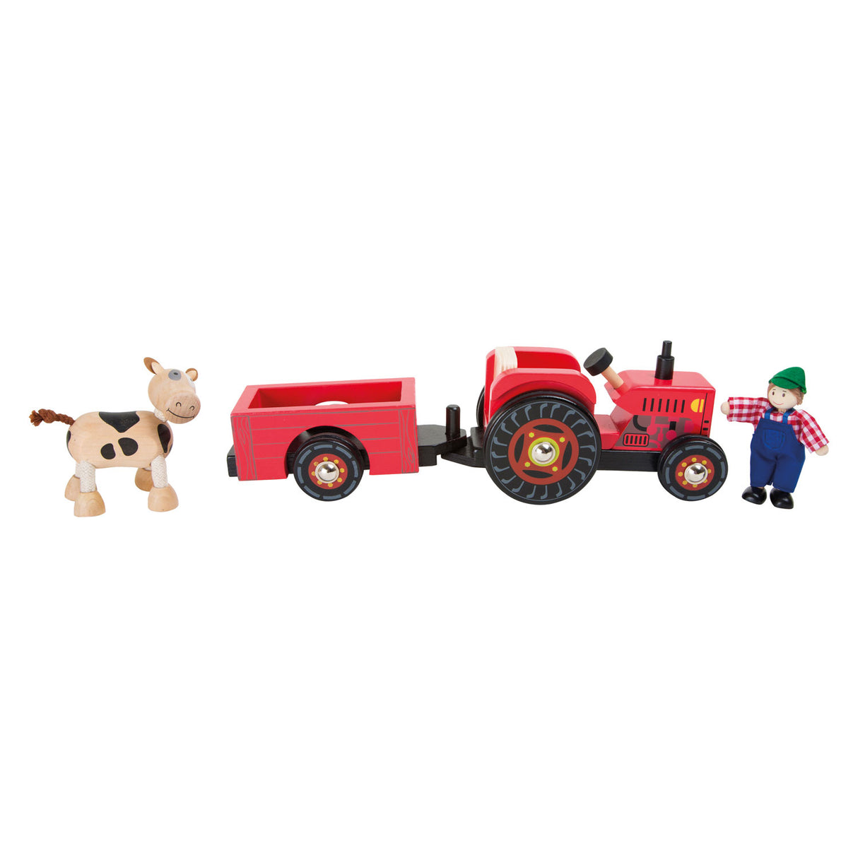 Tractor de madera de pie pequeño con remolque rojo y figuras de juego, 4dlg.