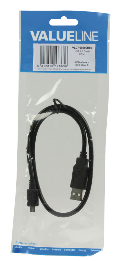 Valueline VLCP60500B05 USB 2.0 USB A Male - USB Micro B Male cable 0.50 m Black