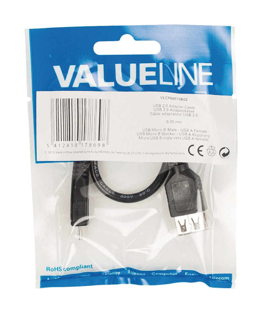 Valueline Valueline VLCP60570B02 USB 2.0 USB Micro B Male USB En kvinnelig adapterkabel 0,20 m svart