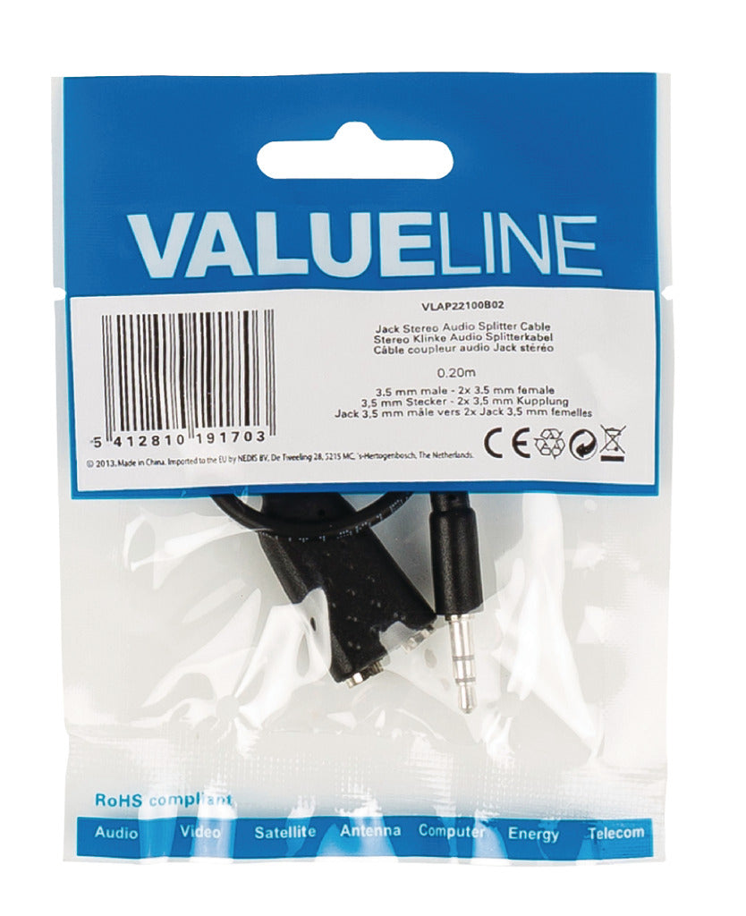 Valueline Valueline VLAP22100B02 Jack Stereo Audio Distribution Kabel 3,5 mm Mand 2x 3,5 mm Kvindelig 0,20 m sort