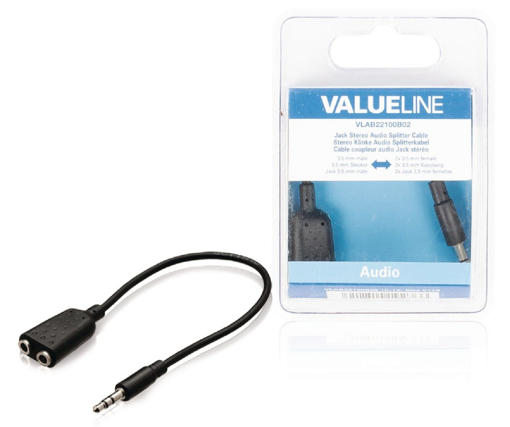 VALUELINE VLAB22100B02 JACK STEREO AUDIO KABLE DYSTRYWACJI 3,5 MM MĘŻCZYZNA - 2x 3,5 mm Kobieta 0,20 m czarna