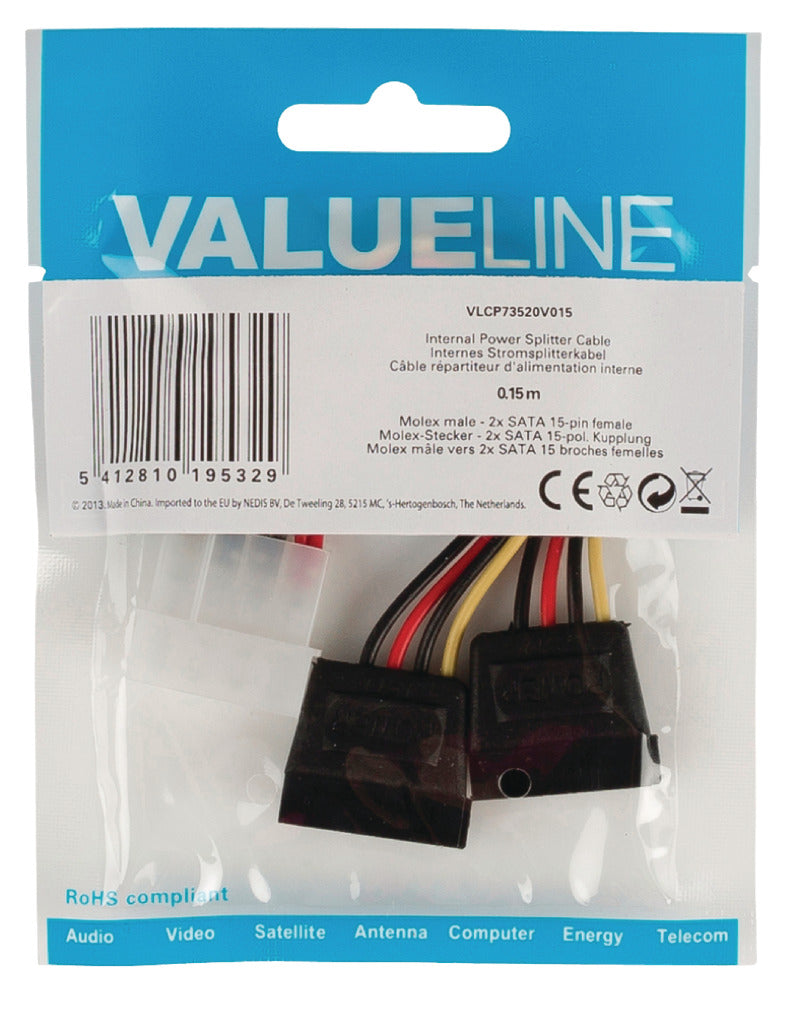 Valueline Valueline Vlcp73520v015 Interne Stroom Splitterkabel Molex Mannelijk 2x Sata 15-pins Vrouwelijk 0,15 M Veelkleurig