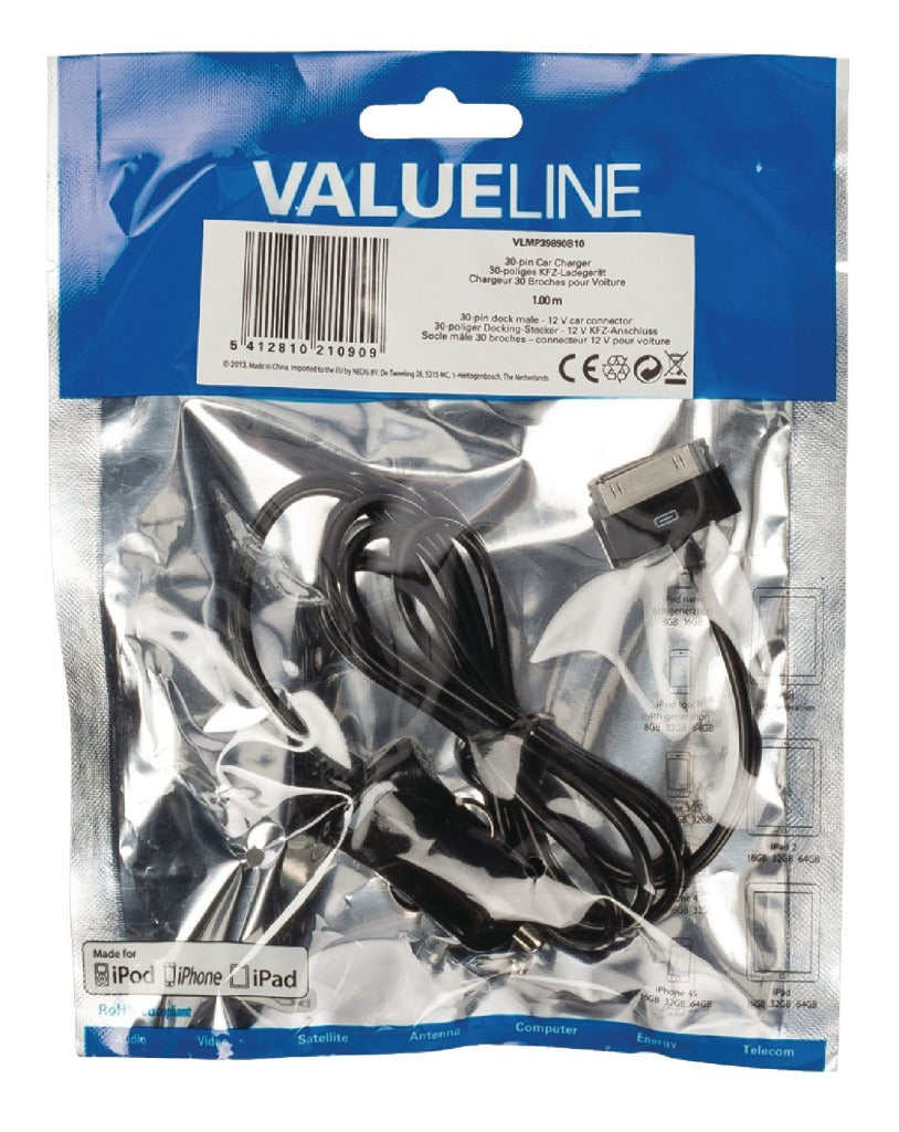 Valueline VLMP39890B10 30-PINS Auto-Charger 30-Pins Dock Male-12v Bilforbindelse 1,00 m Black 2.1A