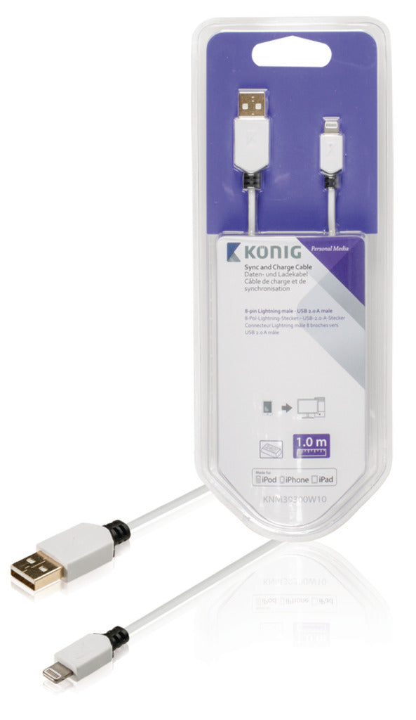 K ouml;nig K ouml;nig KNM39300W10 Sync And Charge Kabel 8-pins Lightning Male Usb 2.0 A Male 1,00 M Wit