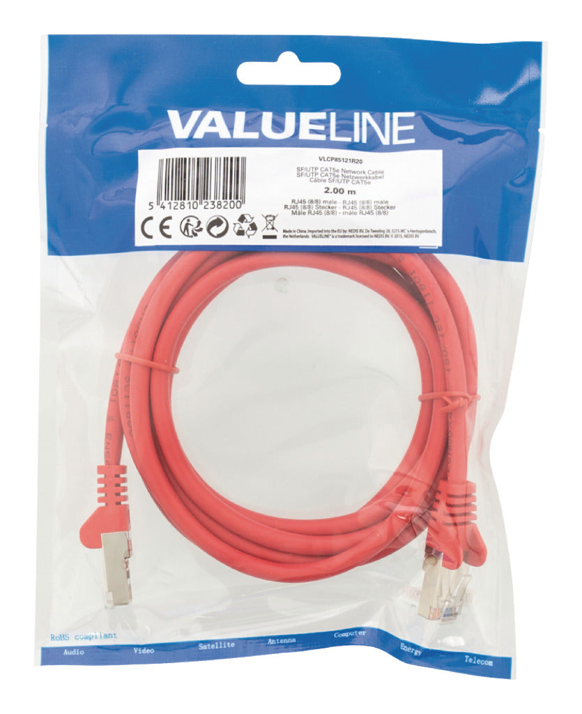 VALUELINE VALUELINE VLCP85121R20 CAT5E SF UTP OMETNI KABEL RJ45 (8 8) Moški RJ45 (8 8) Moški 2,00 m rdeča