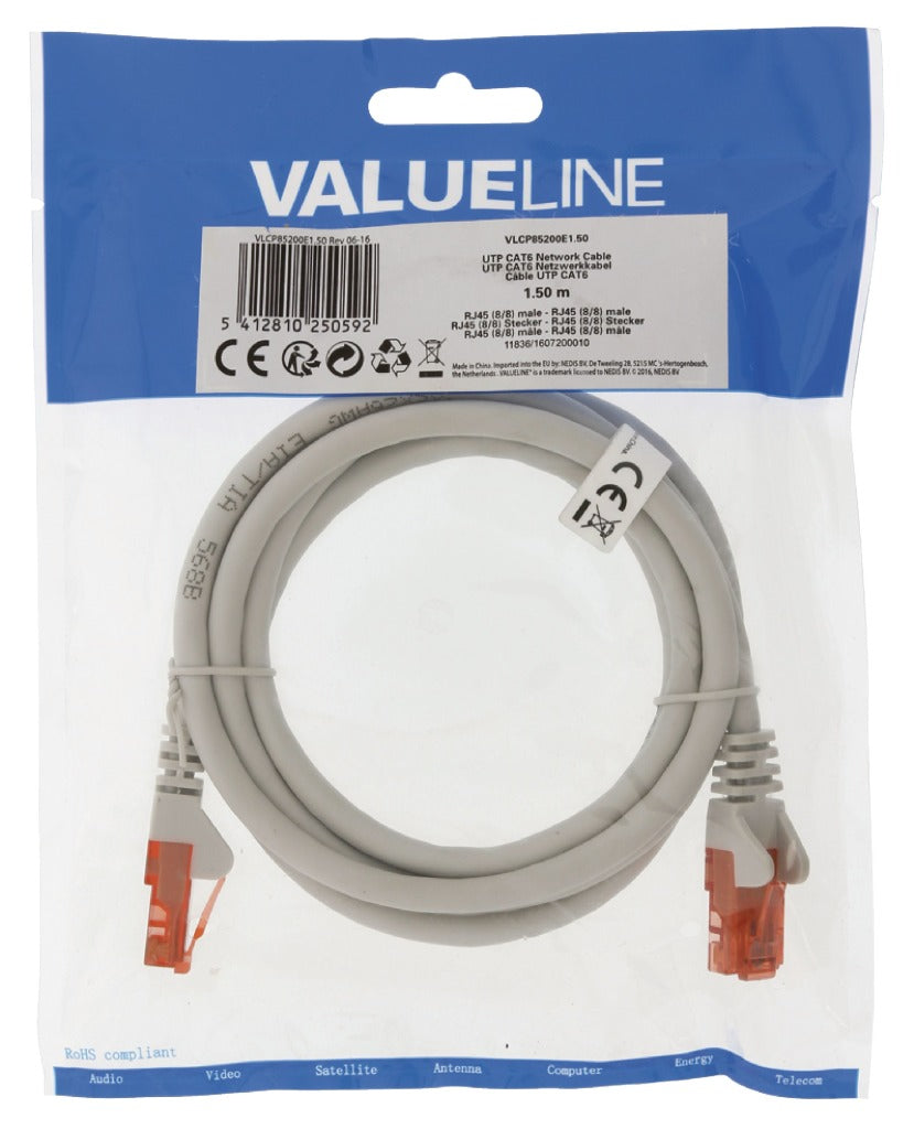 VALUELINE VLCP85200E1.50 CAT6 UTP Network Kabel RJ45 (8 8) Mężczyzna - RJ45 (8 8) Mężczyzna 1,50 M Gray