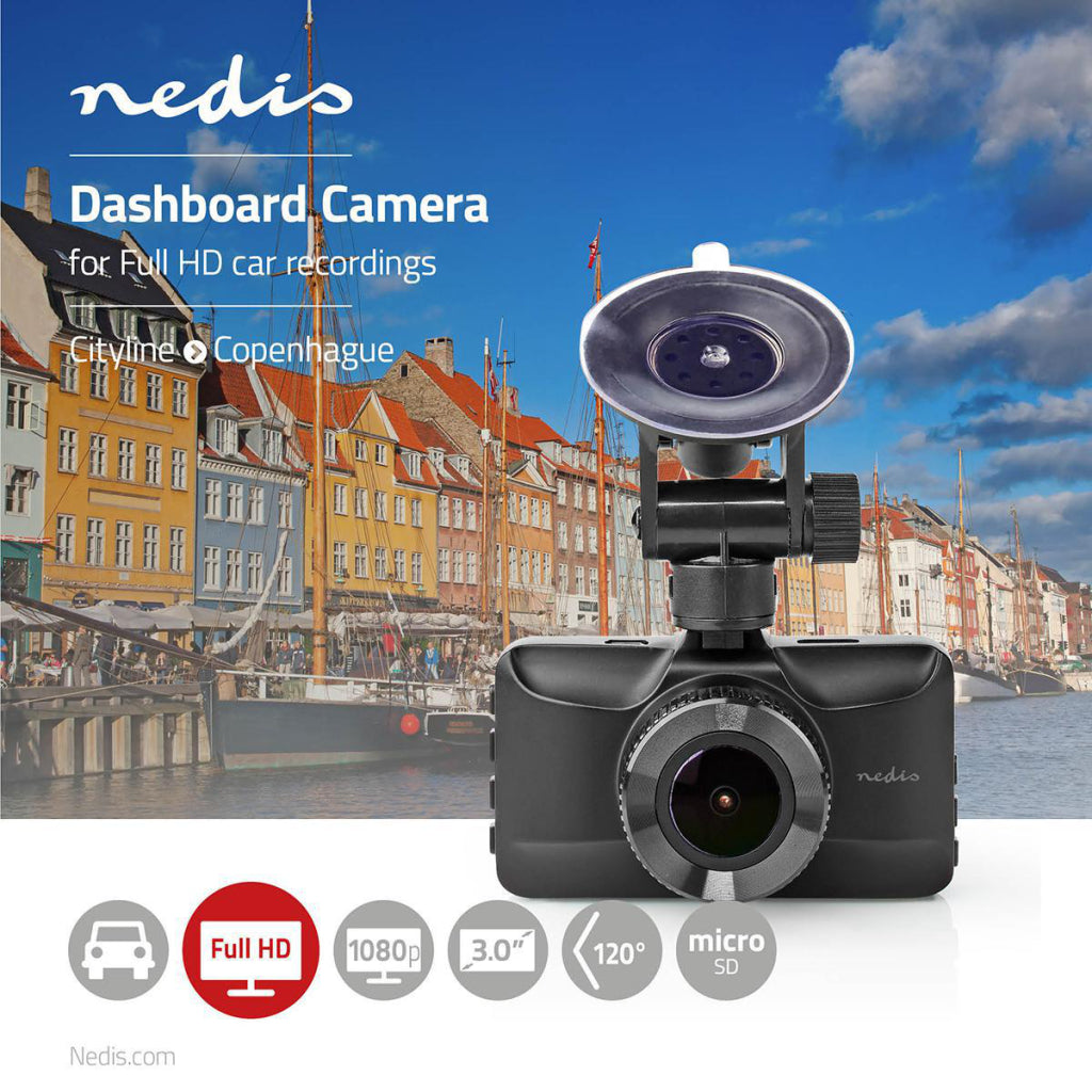 Nedis DCAM15BK Dashcam Full HD 1080 P 1 CH 3,0 tommers visningsvinkel på 120 grader; metallhus