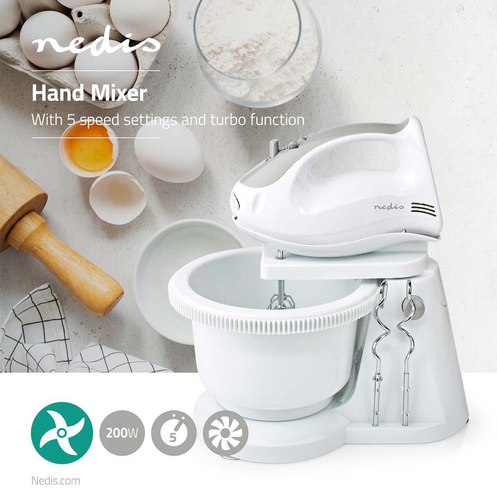 Nedis kahm110cwt handmixer 200 w 5 velocidades turbo función rotikom 2 deek ganchos 2 chapones blancos grises