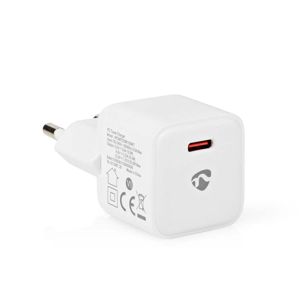 Nedis WCMPD20W100WT oplader 1.67 2.22 3.0 A Outputs: 1 USB-C-handel; 20 W Automatisk spændingsvalg