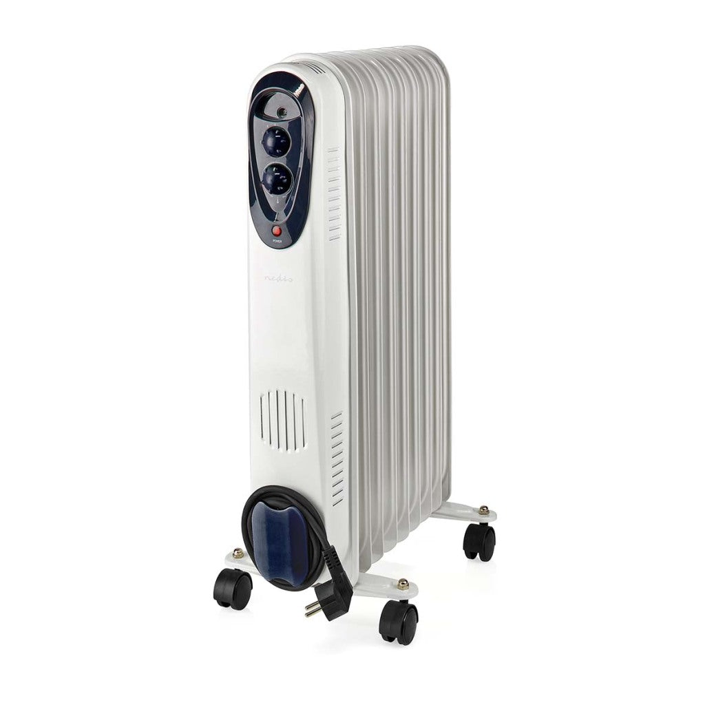 Nedis HTOI30WT9 Mobiele Olieradiator 800 1200 2000 W 9 Vinnen Instelbare Thermostaat 3 Warmte Standen Omvalpreventie Wit