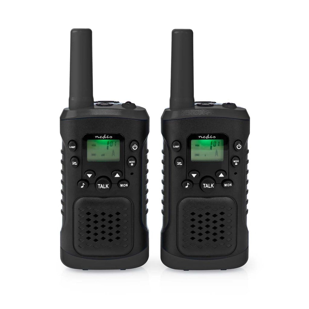 Nedis wltk0610bk walkie talkie set 2 telefoni do 6 km frekvenčnih kanalov: 8 PTT vox do 3 ure izhoda slušalk 2 slušalke črna