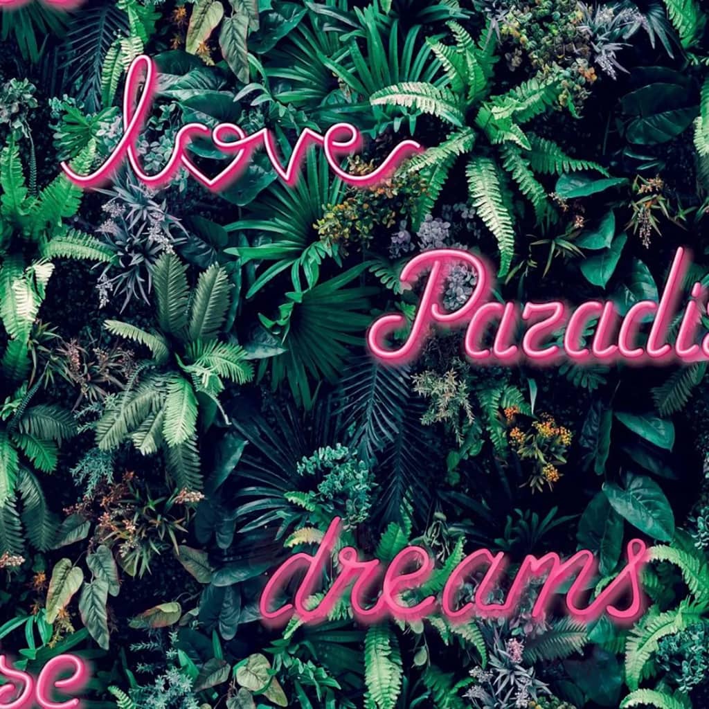 North Wall Noordwand Wallpaper Good Vibes Neon Letter con plantas Verdes y rosas