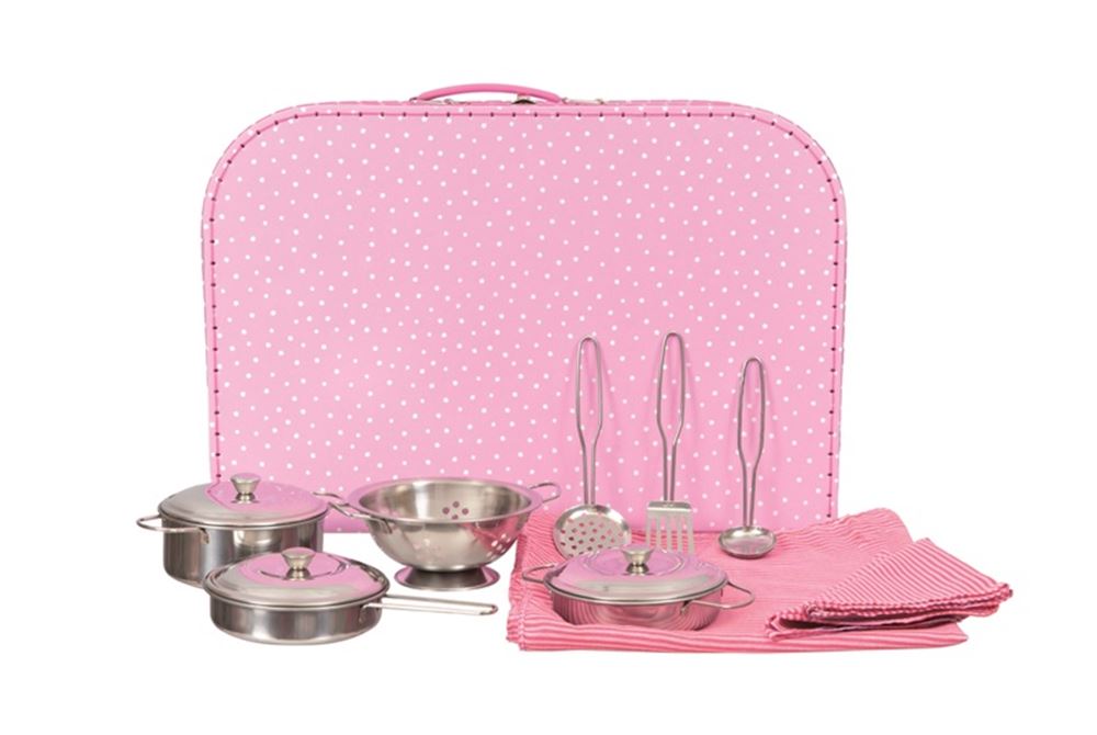 Metal pan set in pink case. 38x26x8