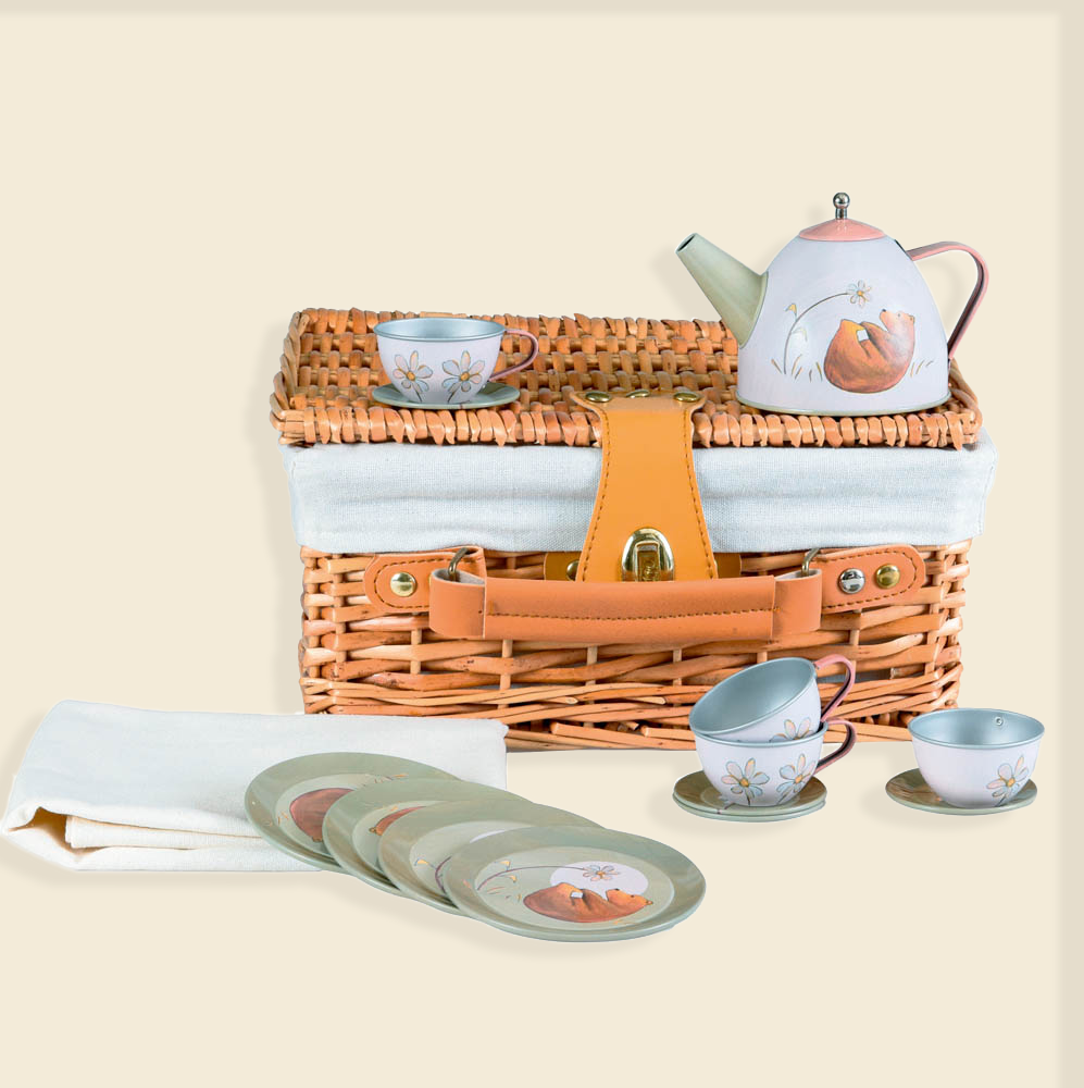 Egmont tea set tin forest in wicker basket.