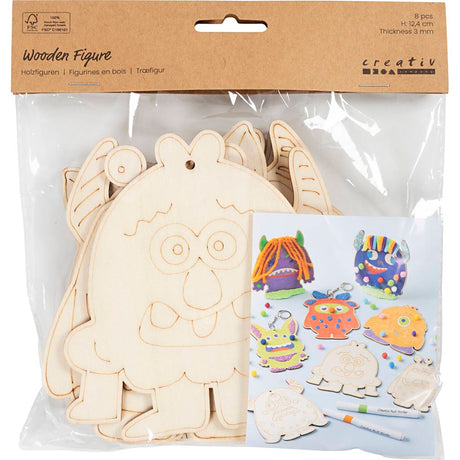 Figurki drewniane firmy Creativ, próbki, wys. 12,4 cm, grubość 3 mm, 8 sztuk 1 opakowanie