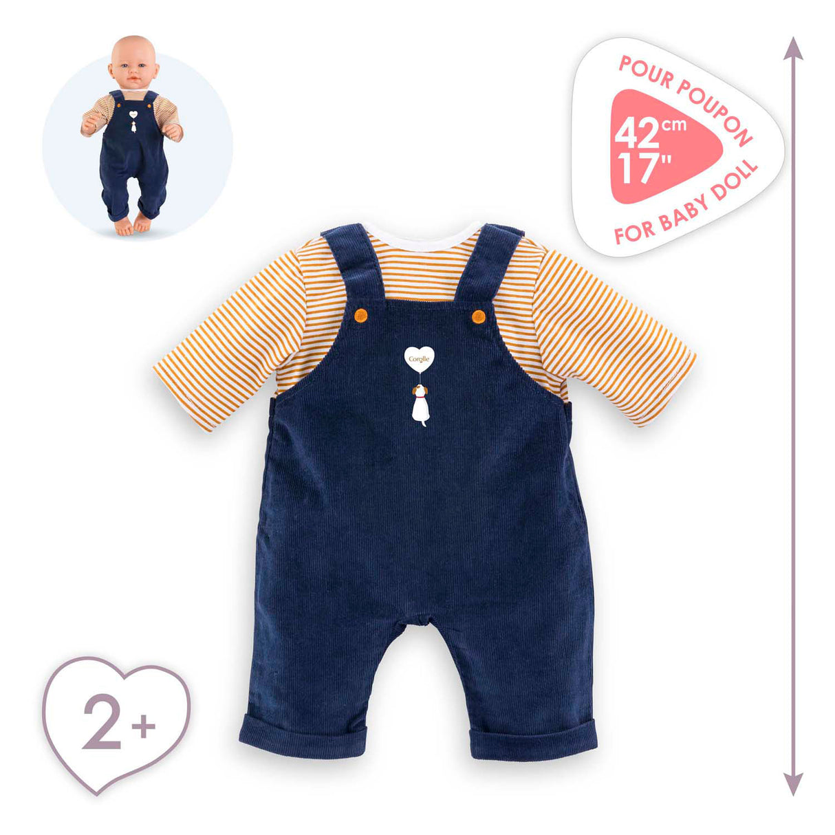 Camiseta Corolle e macacão azul marinho para boneca, 42cm