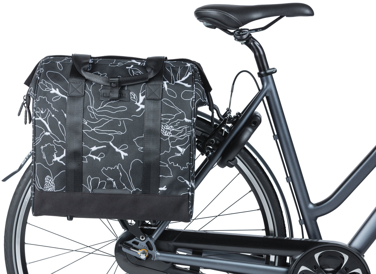 Basil Grand Flower fietsshopper zwarte waterafstotende tas met laptopvak 23L