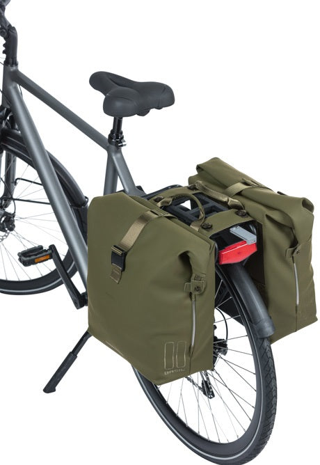 Basil Soho Double Bicycle Bag Nordlicht Mik - Waterproof, green bicycle bag with LED lighting, 41L