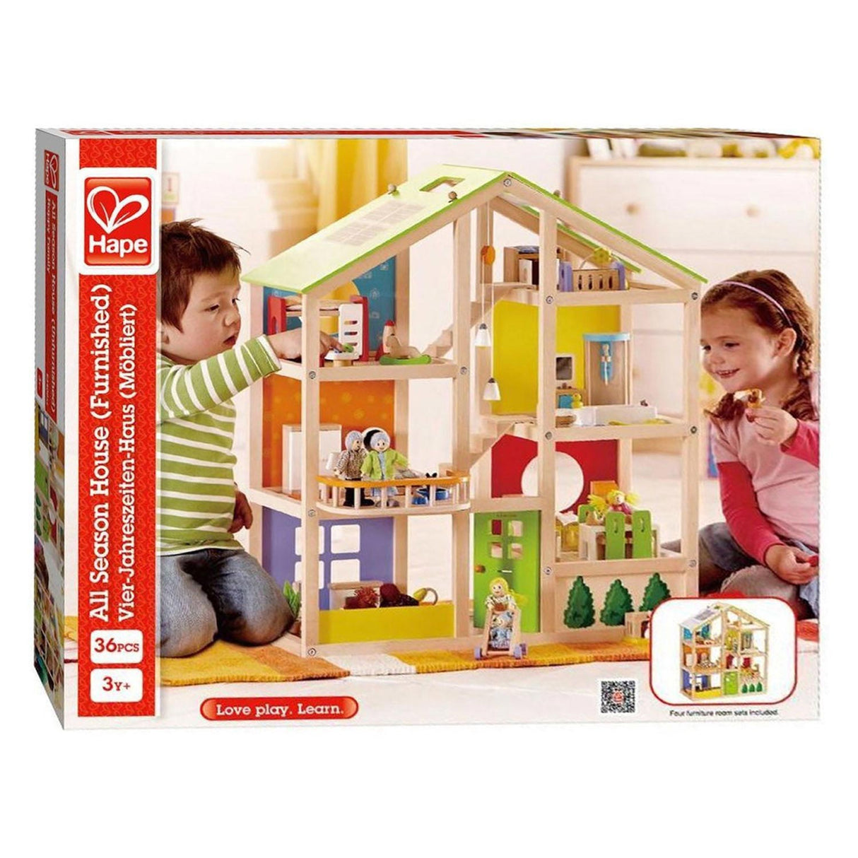 Hape Wooden 4 Seasons Dollhouse s nábytkem