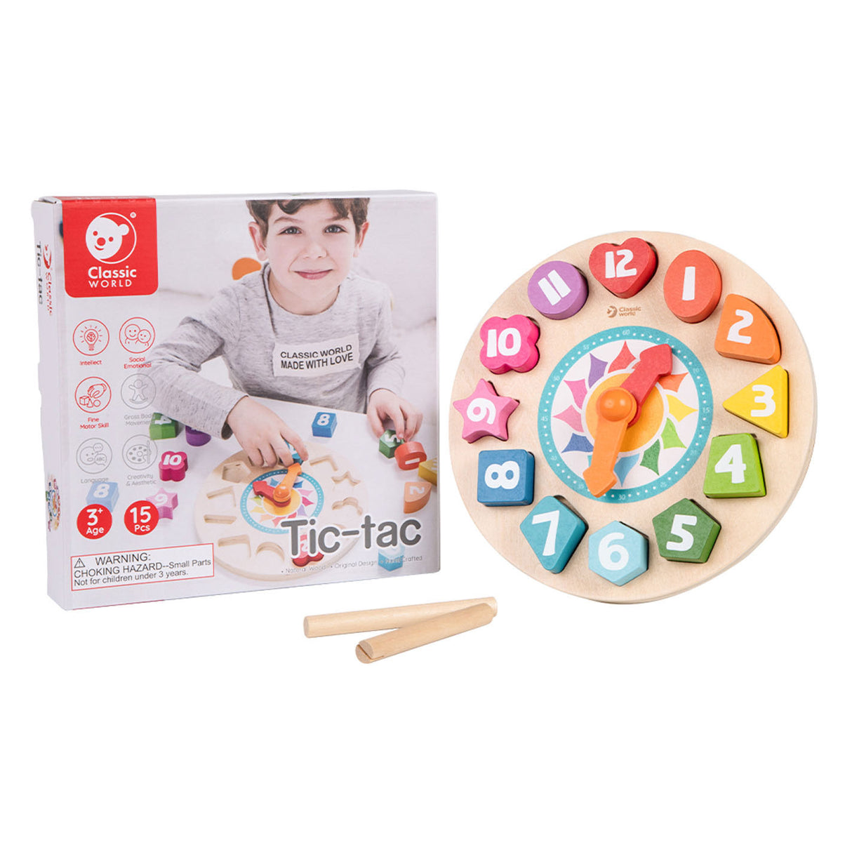 Classic World World World Houten Leerklok met Vormen Tic-Tac, 15dlg.