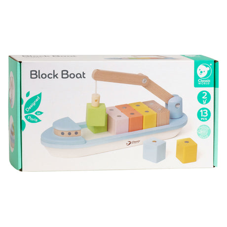 Classic World World World Houten Blokkenboot met Kraan, 13dlg.