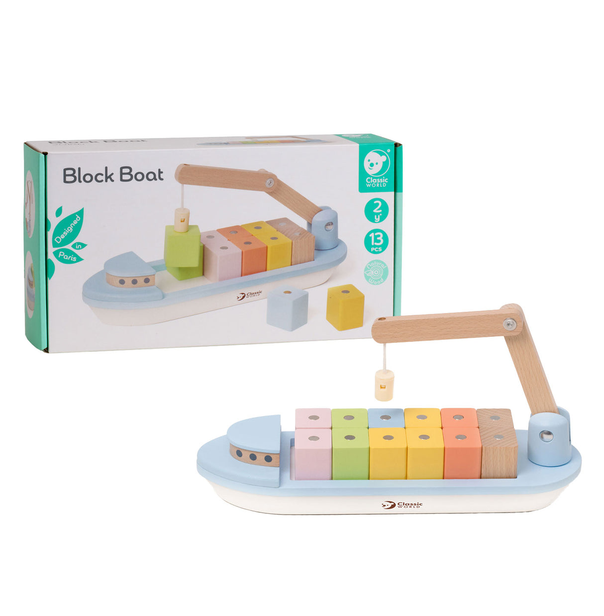 Klassiker World World Wooden Blockboot mit Tap, 13dlg.