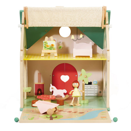 Klassisches Puppenhaus aus Holz – Puppenhaus mit Garten und Zubehör.