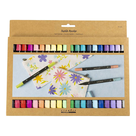 Creativ company flomastri za tekstil, širina črte 2,3 + 3,6 mm, ekstra barve, 20 kosov 1 škatla