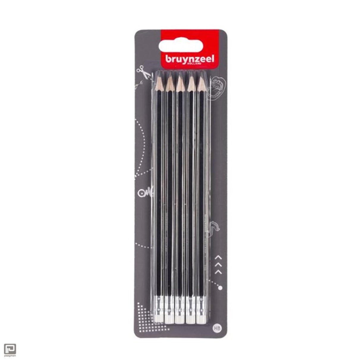 Bruynzeel graphite pencil set, 5 HB pencils with eraser