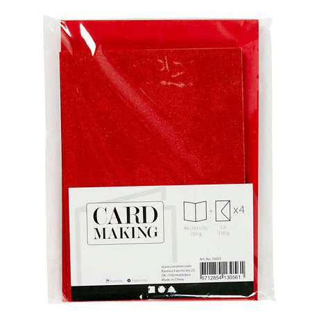 Creativ company cards and envelopes, card size 10.5x15 cm, envelope size 11.5x16.5 cm, glitter, 110+250 gr, red, 4 set 1 box