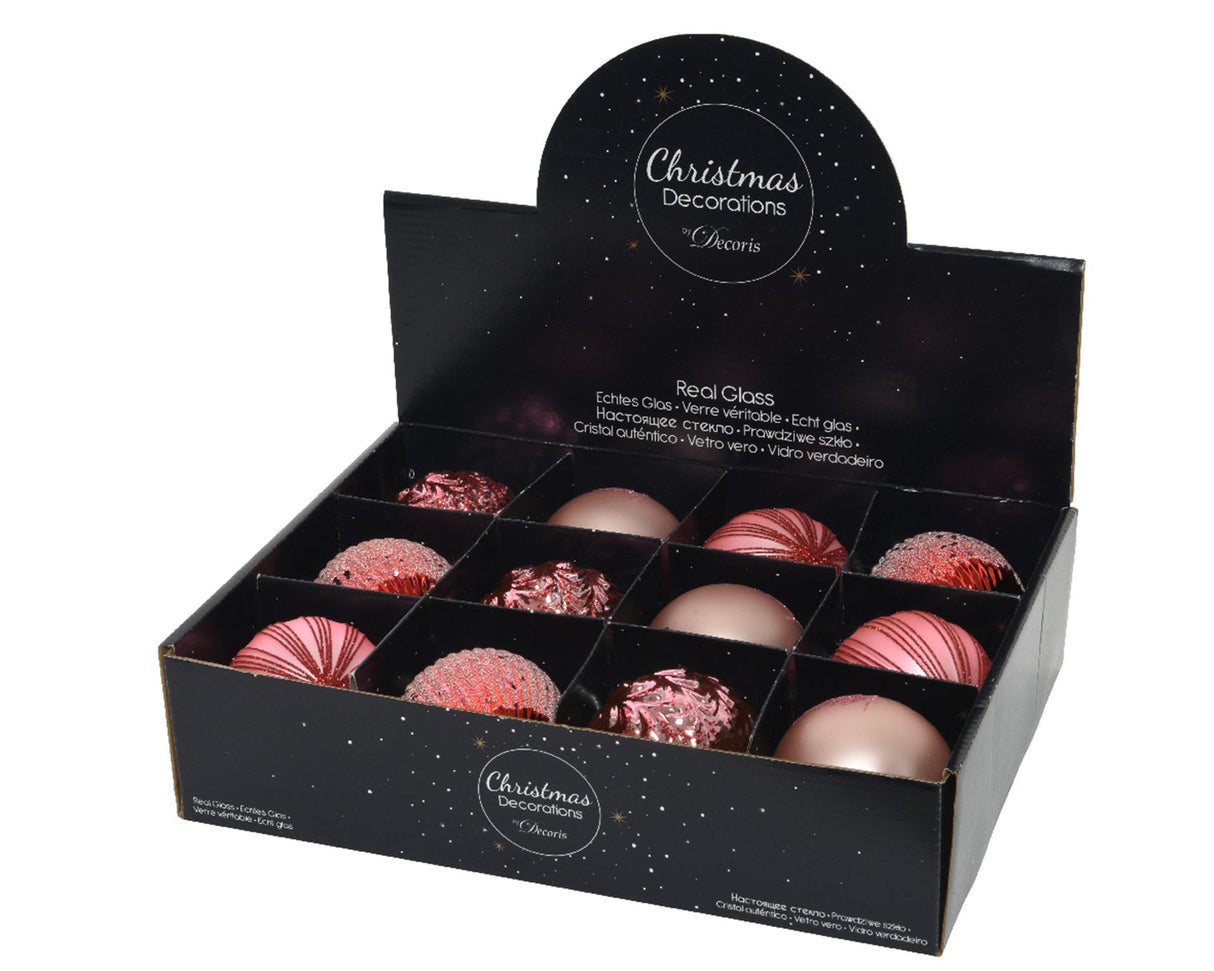 Decoris Weihnachtskugeln Mix Glas ds a 12 Stück rosa