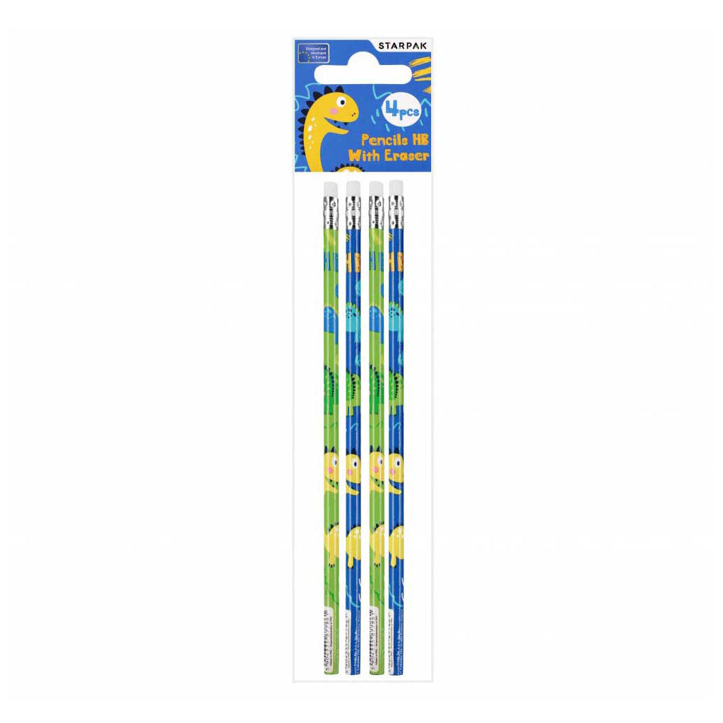 Hb pencil with eraser dino, 4 pcs.
