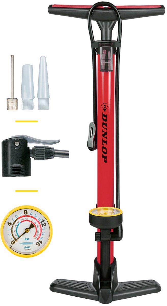Dunlop bicycle pump red with pressure gauge