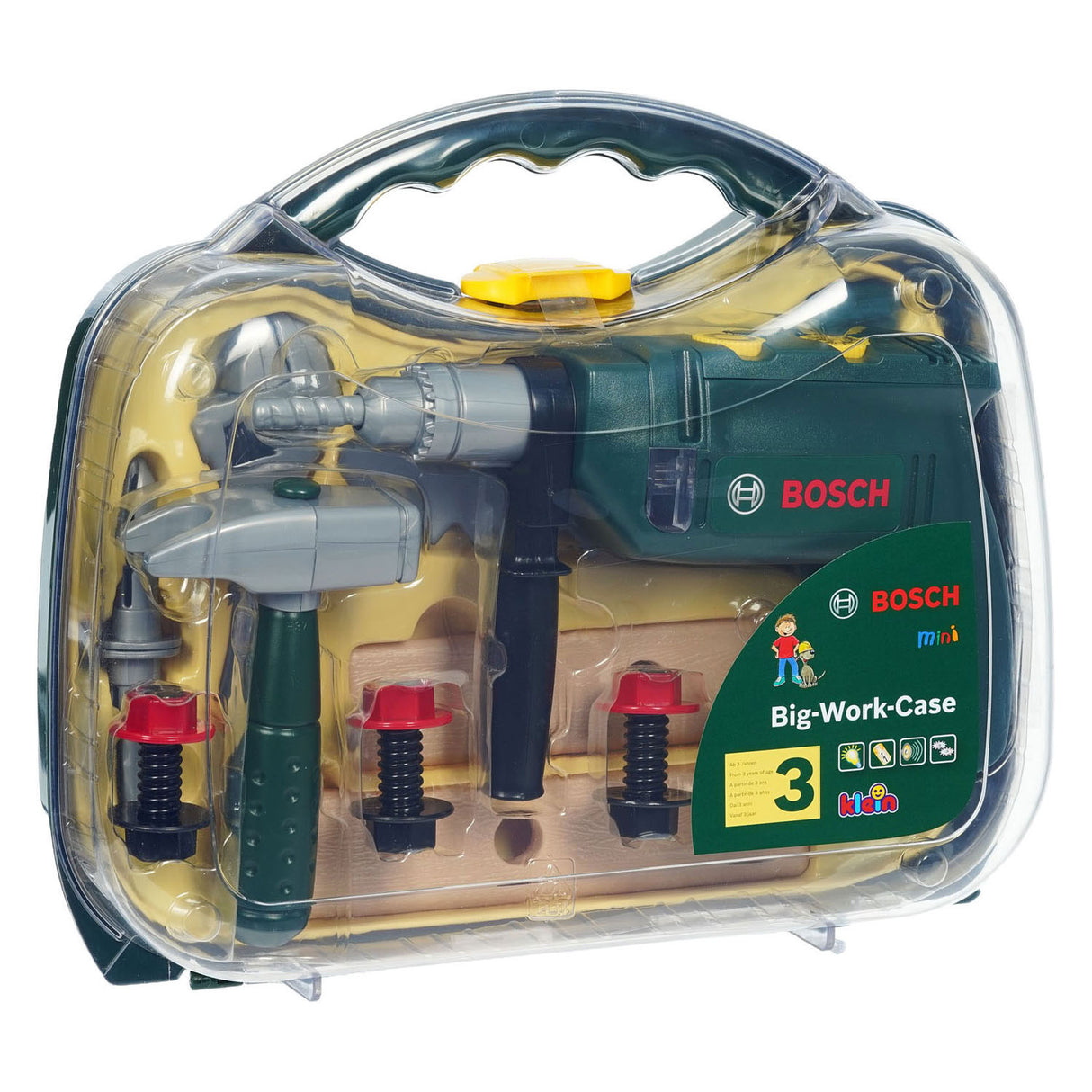 Klein toys bosch mini 16-piece toy tool box - drill, hammer, saw, open-end wrench and tool accessories - incl. light and sound effects - green