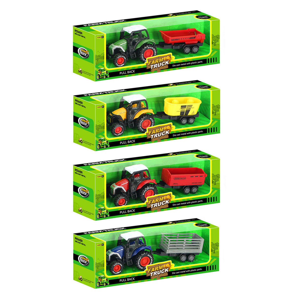 Die-cast tractor with trailer and pull-back function