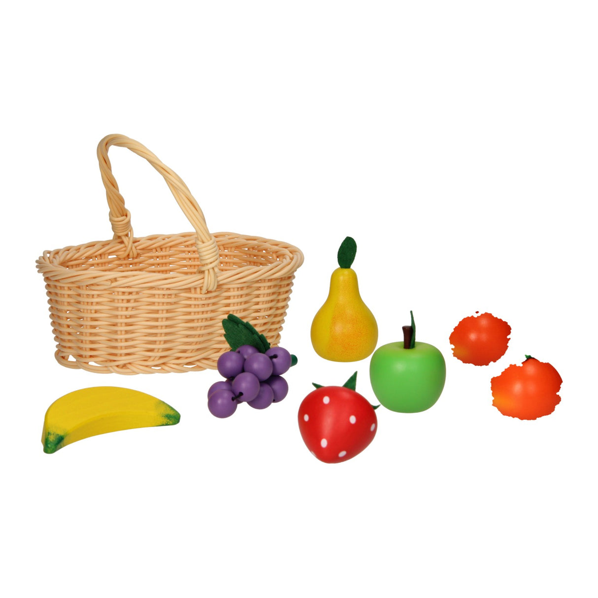 Pic wooden fruit in wicker basket, 7 pcs.