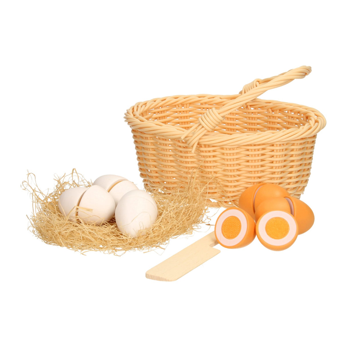 Sliced wooden eggs in a plastic wicker basket